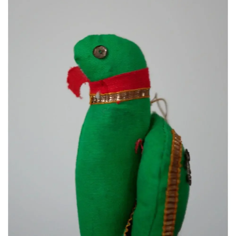 Vintage Handmade India Green Cotton Metal Sparkles Christmas Parrot Ornament